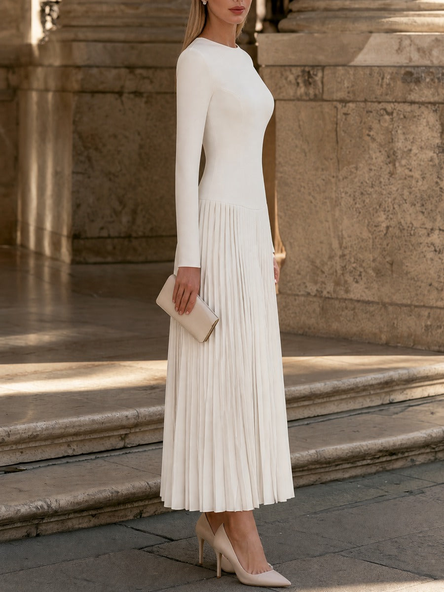 Zafren White Pleated Drop-Waist Maxi Dress