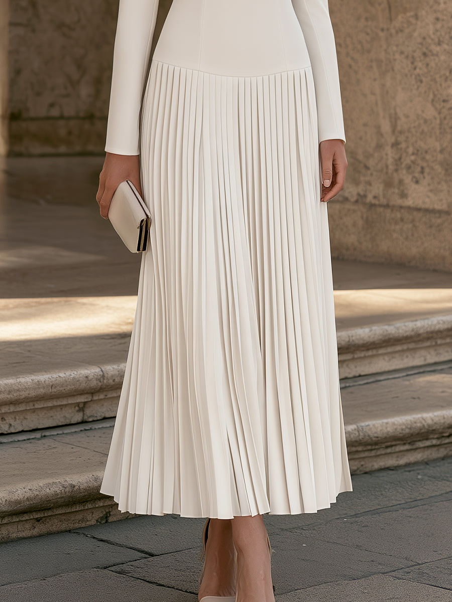 Zafren White Pleated Drop-Waist Maxi Dress