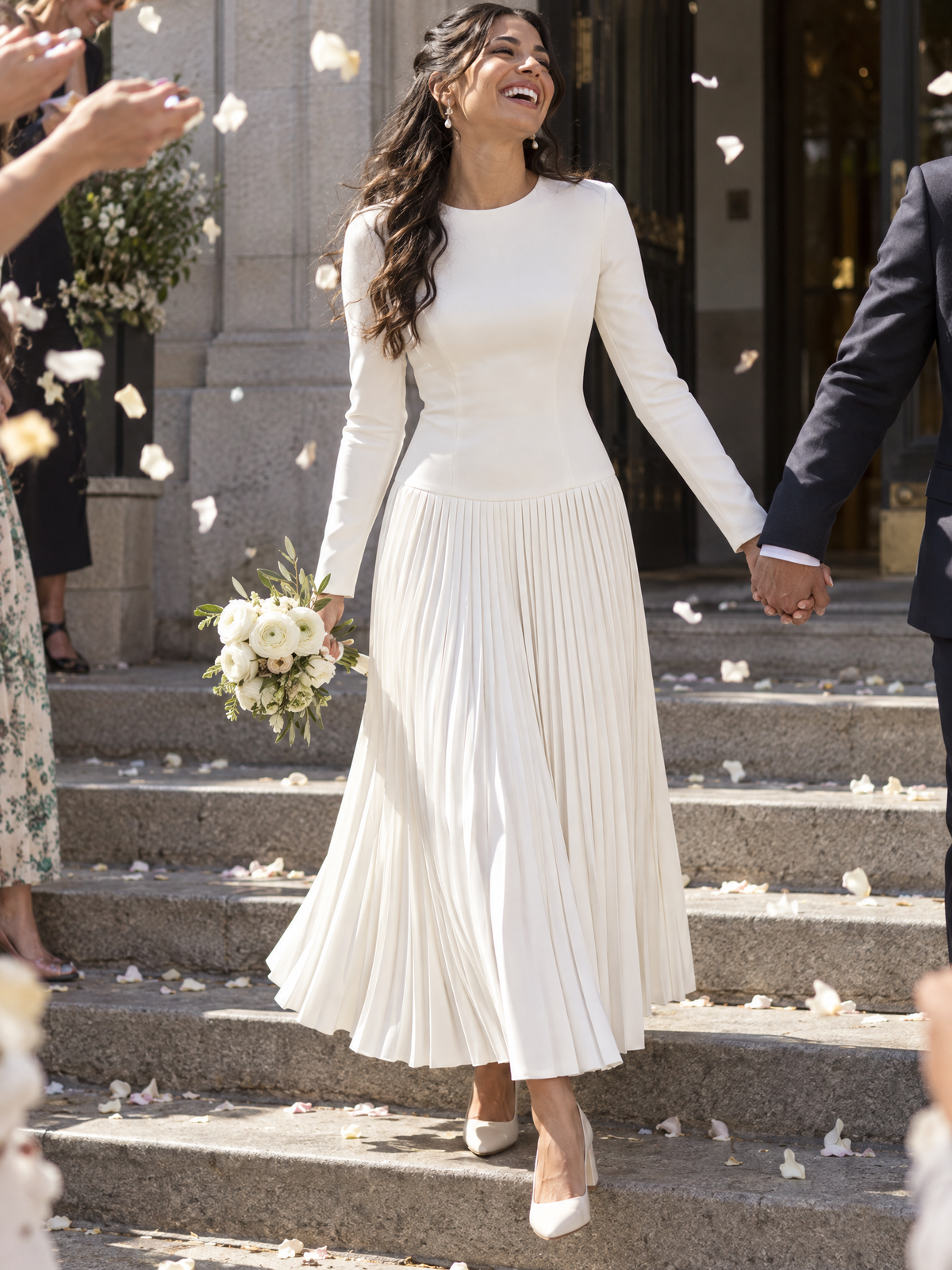 Zafren White Pleated Drop-Waist Maxi Dress