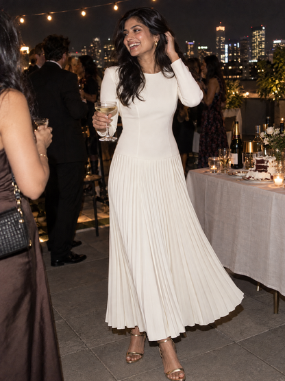 Zafren White Pleated Drop-Waist Maxi Dress