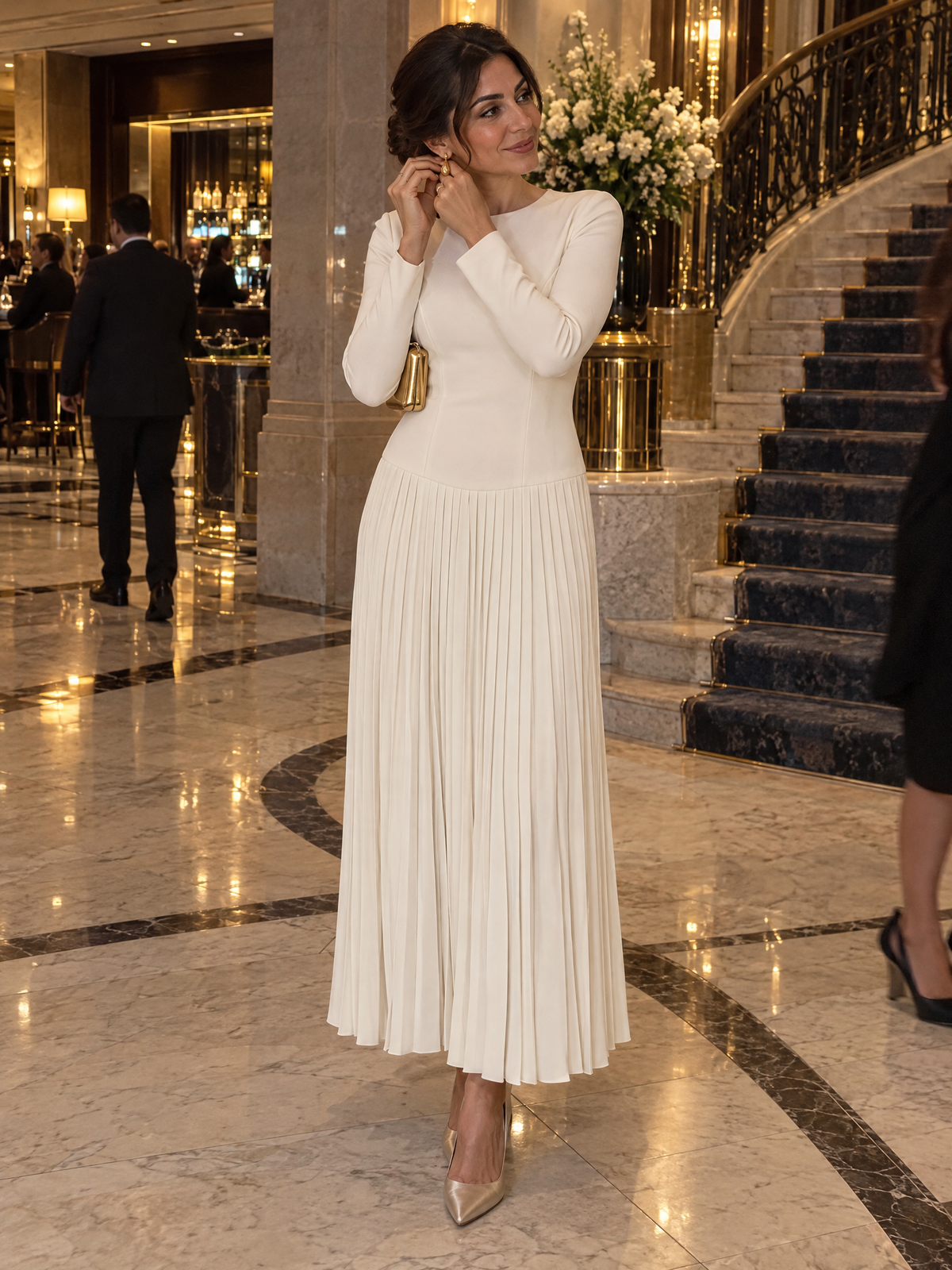 Zafren White Pleated Drop-Waist Maxi Dress
