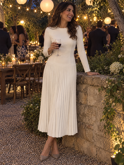 Zafren White Pleated Drop-Waist Maxi Dress