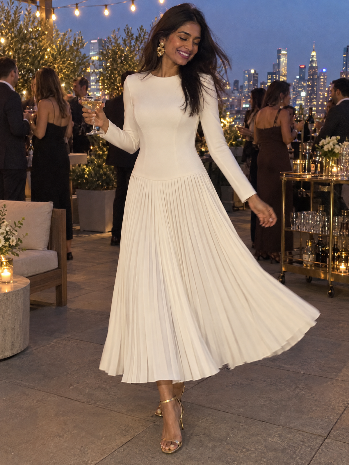 Zafren White Pleated Drop-Waist Maxi Dress