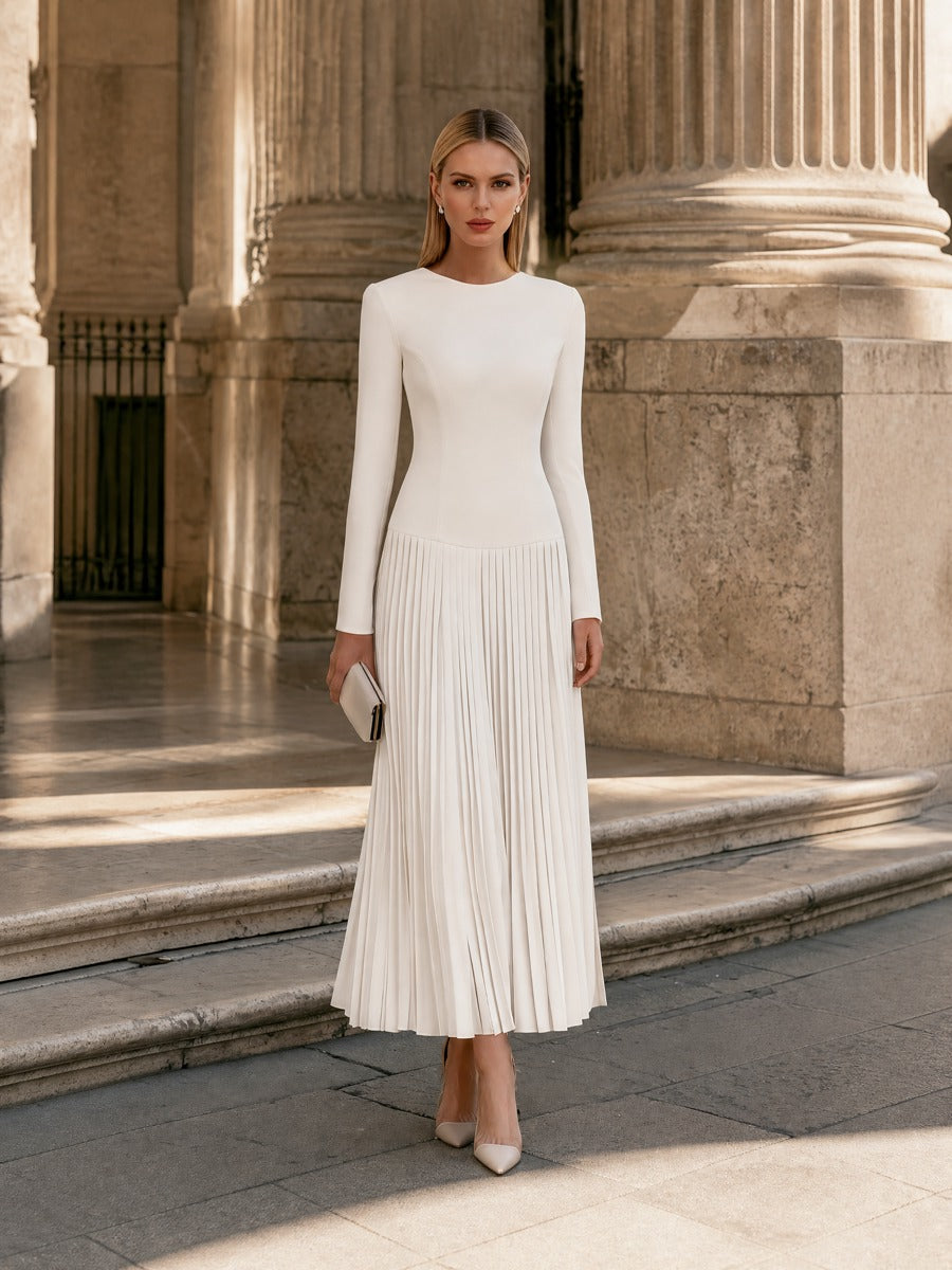 Zafren White Pleated Drop-Waist Maxi Dress
