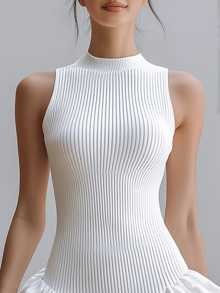 Zafren White Rib-Knit Tiered Ruffle Dress