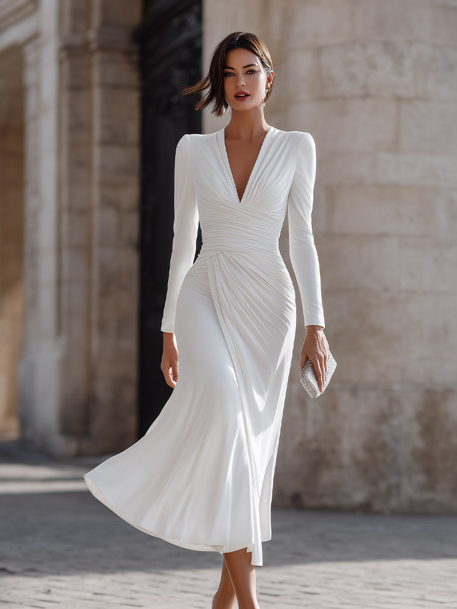 Robe midi Zafren blanche à encolure en V et froncée
