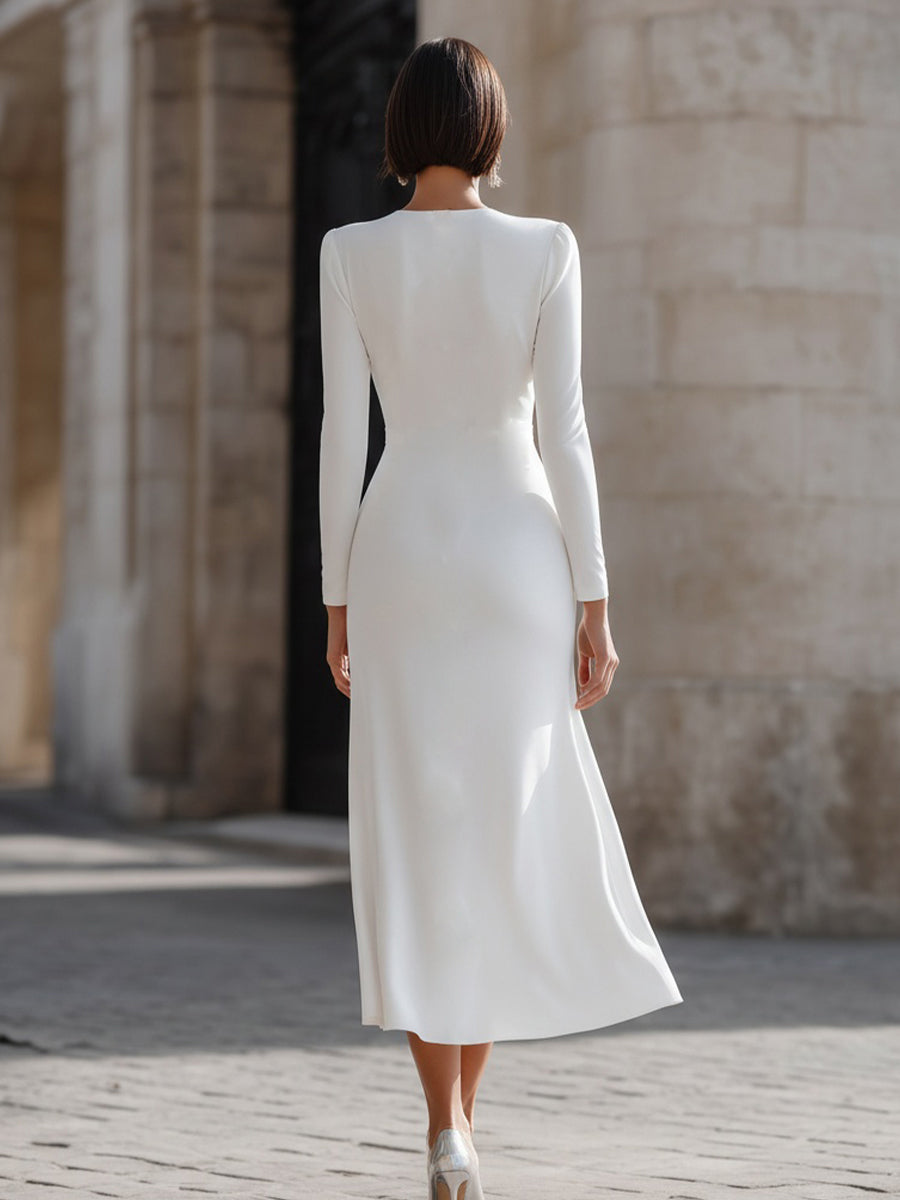 Robe midi Zafren blanche à encolure en V et froncée