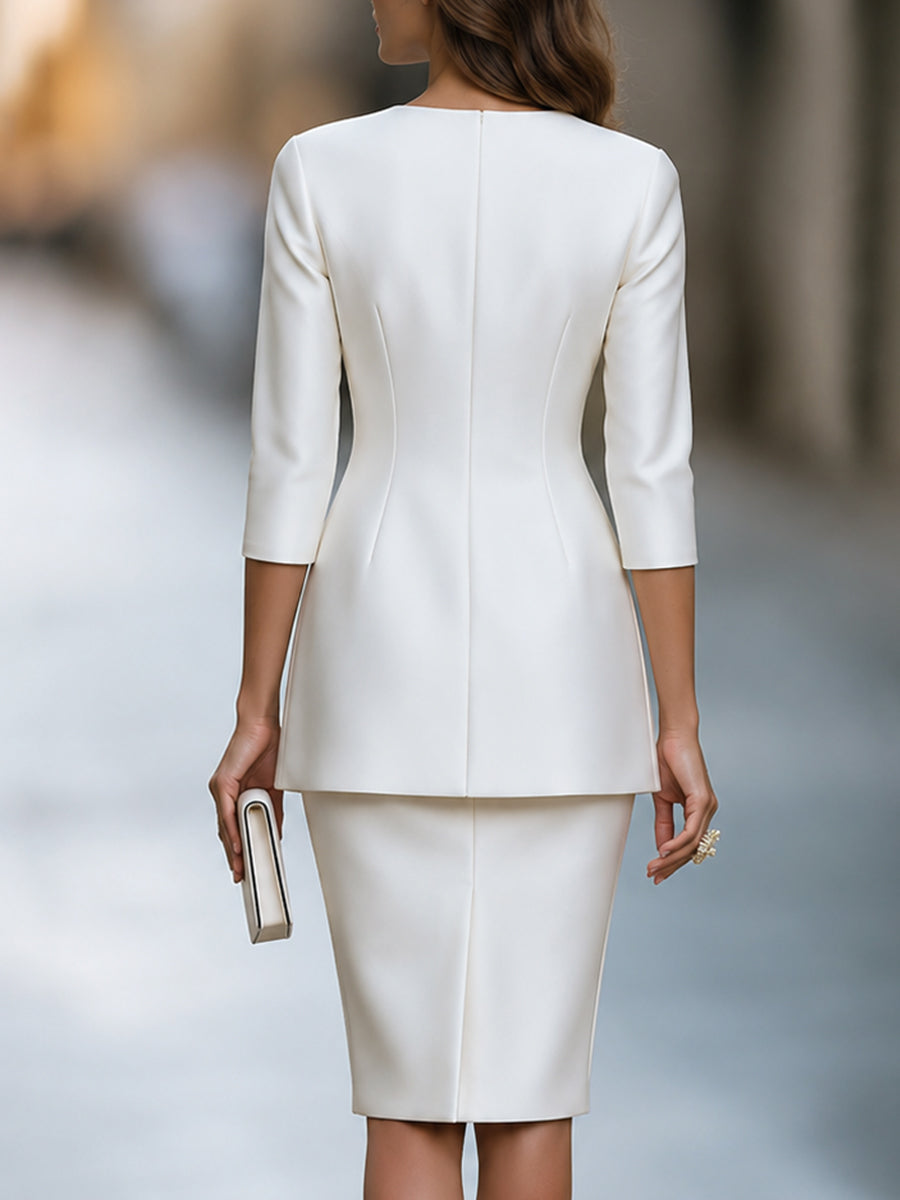 Zafren White Satin Zip-Front Skirt Set