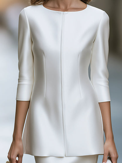 Zafren White Satin Zip-Front Skirt Set
