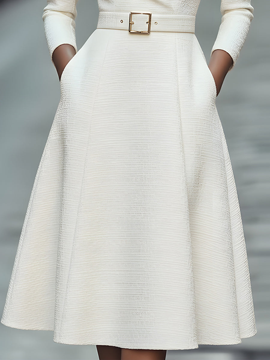 Zafren White Textured Belted Midi Dress