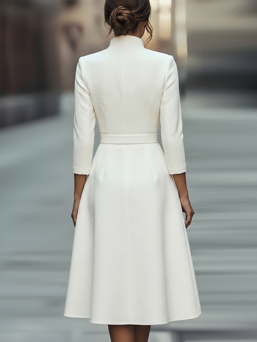 Zafren White Textured Belted Midi Dress