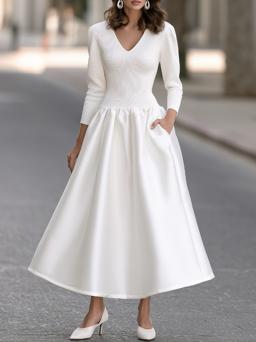 Zafren White Textured Drop Waist Dress