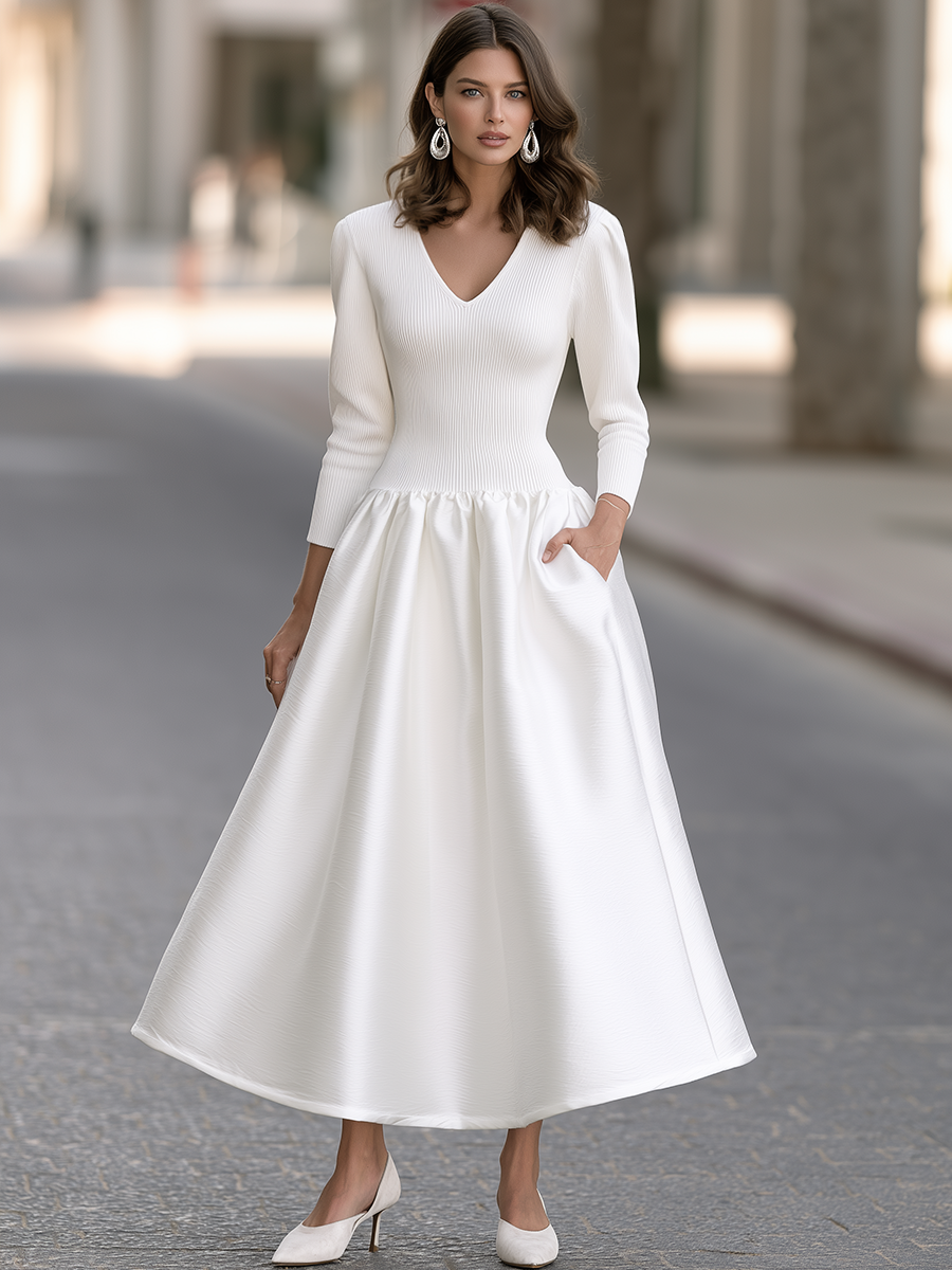 Zafren White Textured Drop Waist Dress
