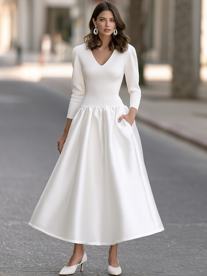 Zafren White Textured Drop Waist Dress
