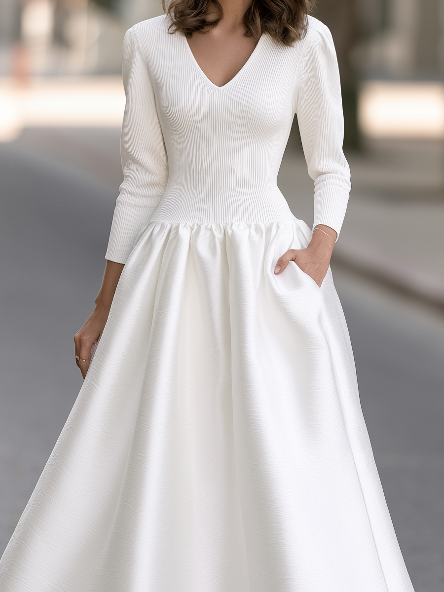 Zafren White Textured Drop Waist Dress