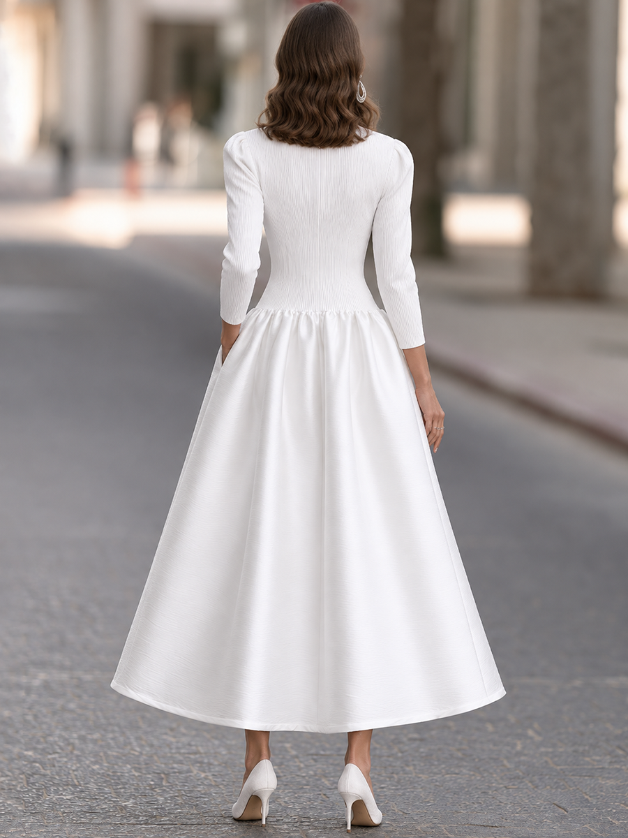 Zafren White Textured Drop Waist Dress