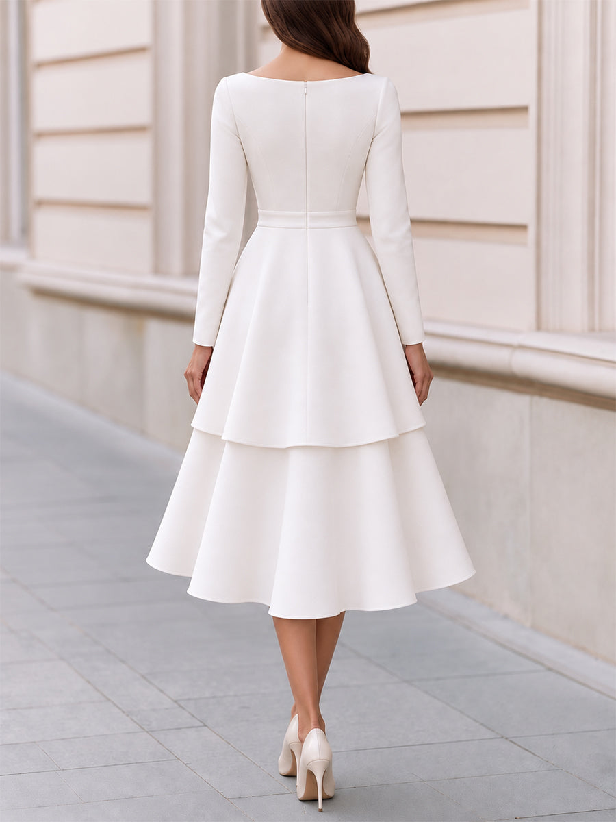 Zafren White Tiered Bow Waist Dress