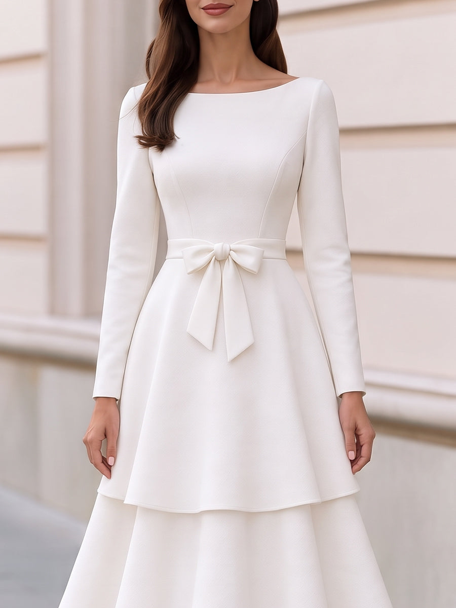 Zafren White Tiered Bow Waist Dress