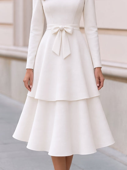 Zafren White Tiered Bow Waist Dress