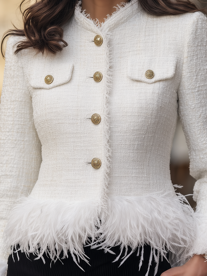 Zafren White Tweed Feather Trim Jacket