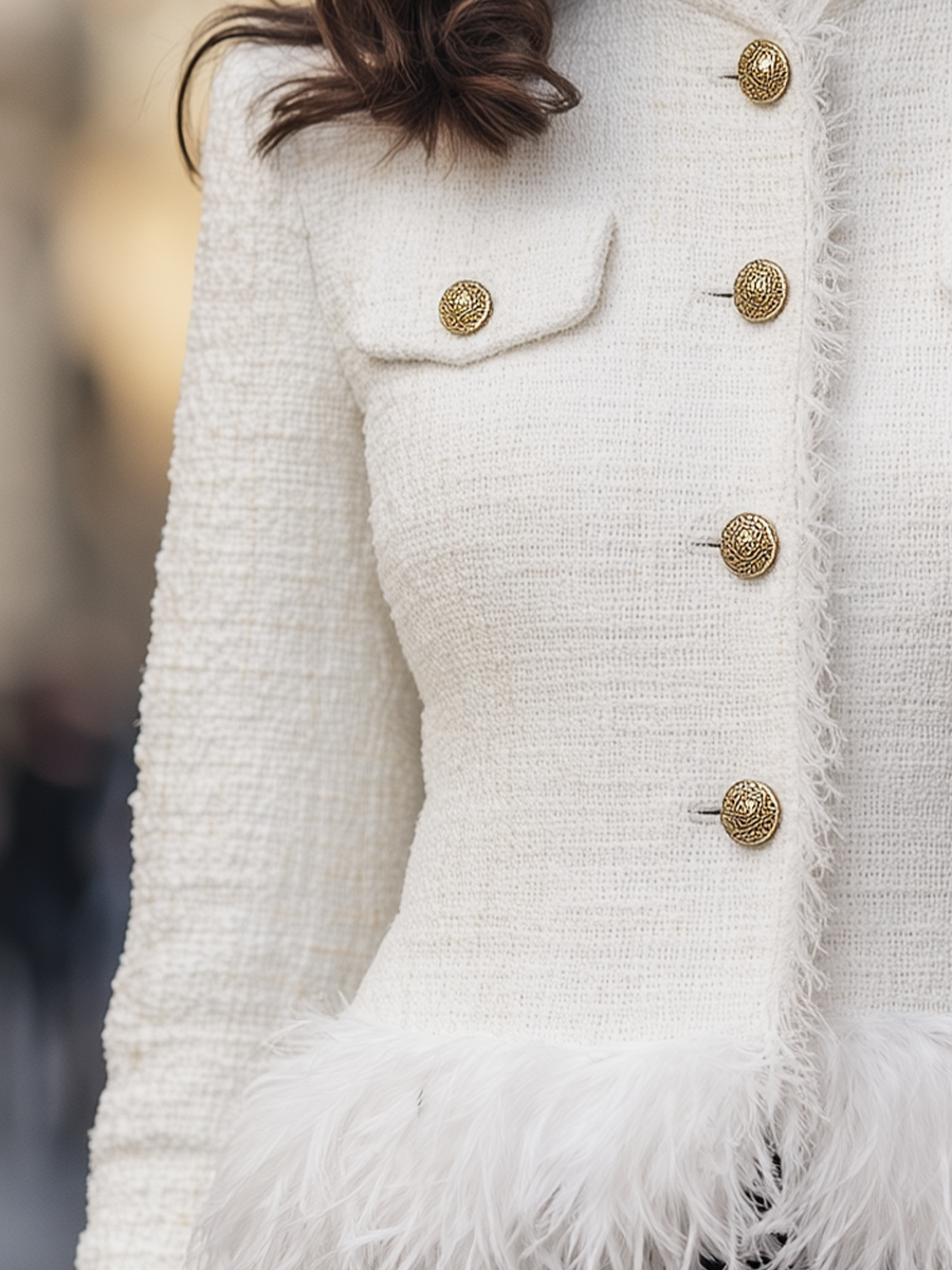 Zafren White Tweed Feather Trim Jacket