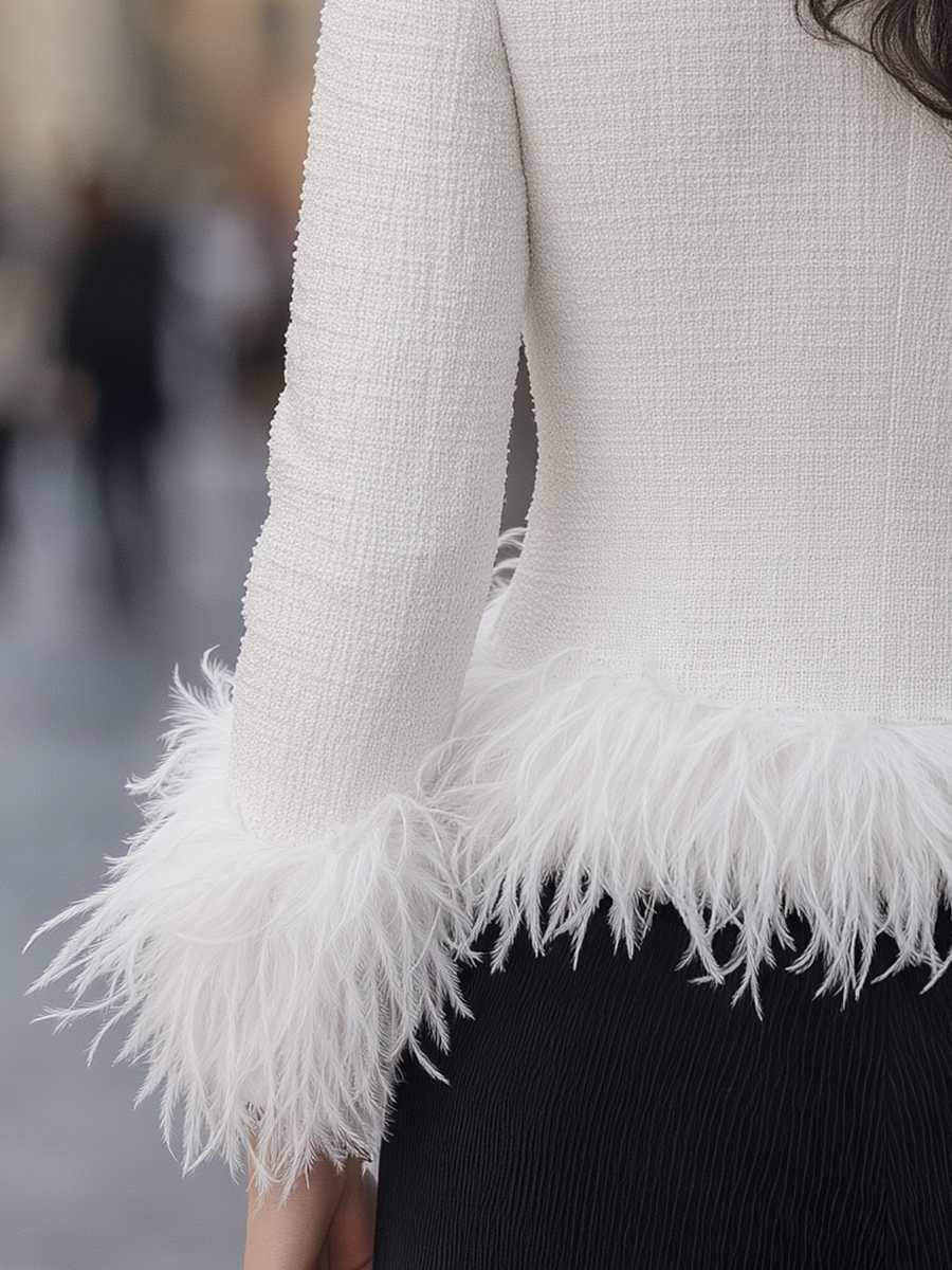 Zafren White Tweed Feather Trim Jacket