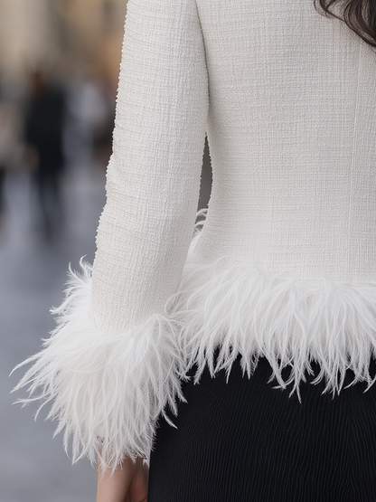 Zafren White Tweed Feather Trim Jacket