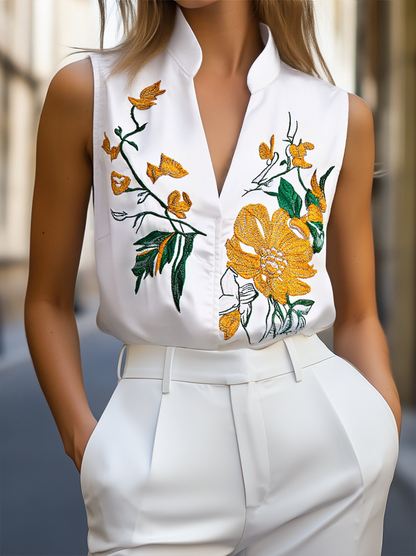 Zafren White Yellow Floral Embroidered Blouse