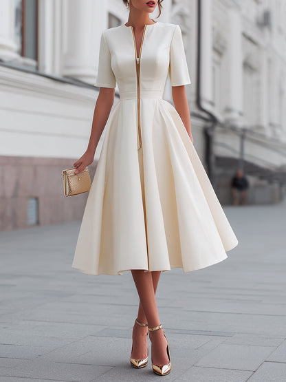 Zafren White Zip-Front Flared Midi Dress