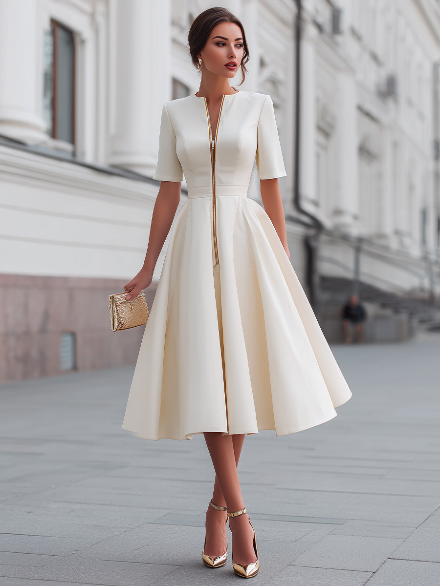 Zafren White Zip-Front Flared Midi Dress