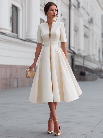 Zafren White Zip-Front Flared Midi Dress