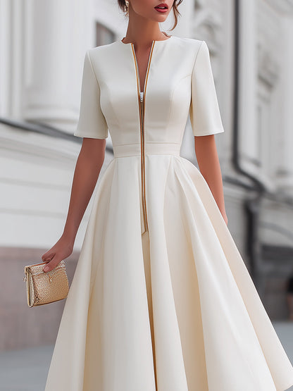 Zafren White Zip-Front Flared Midi Dress