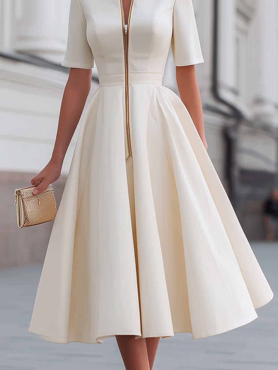 Zafren White Zip-Front Flared Midi Dress