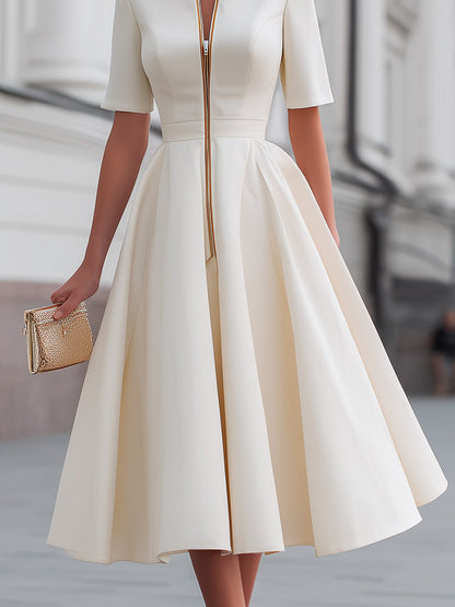 Zafren White Zip-Front Flared Midi Dress