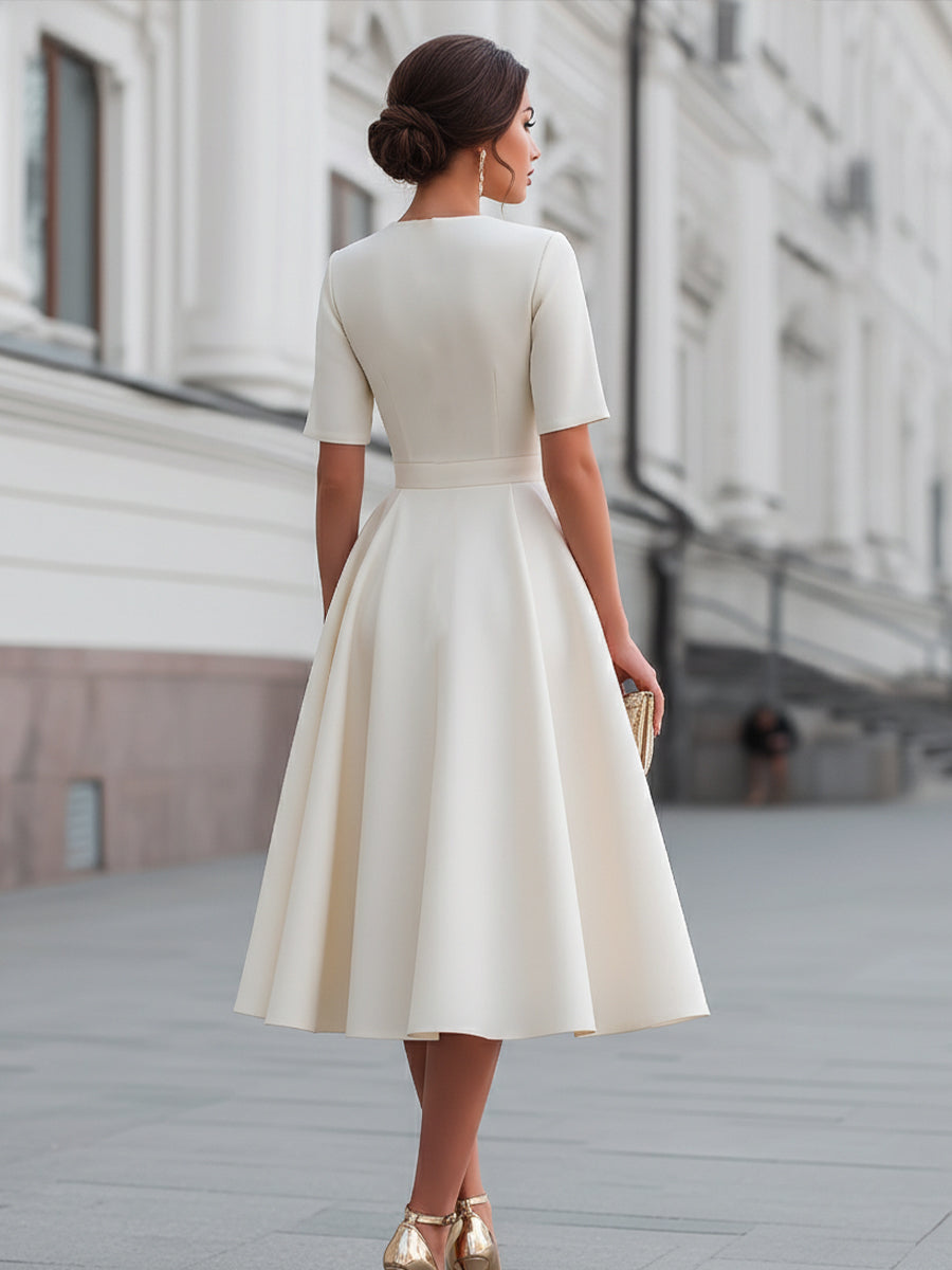Zafren White Zip-Front Flared Midi Dress